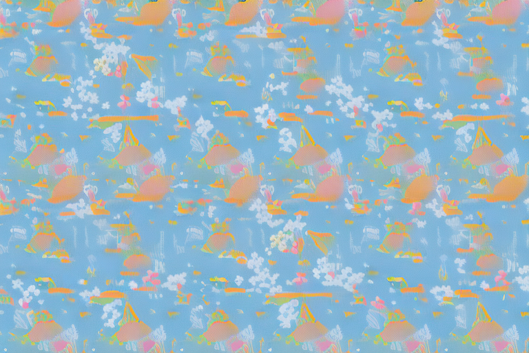 A picnic blanket with a summery background and a patterned romper draped over it