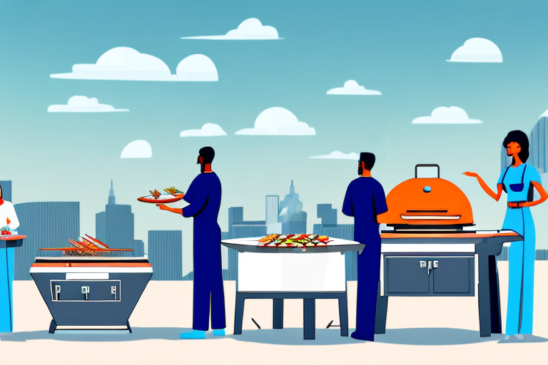 A rooftop barbecue with a jumpsuit-clad figure in the foreground