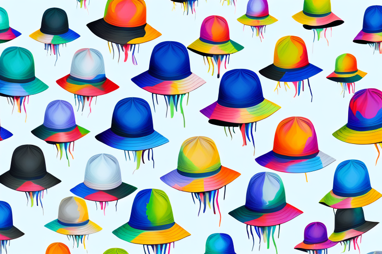 A variety of colorful bucket hats in a summery setting