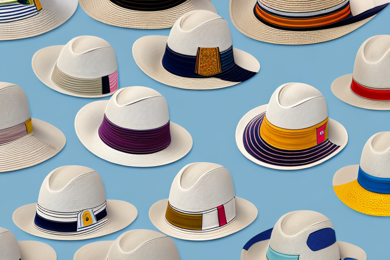 A variety of straw visor hats in a summery setting