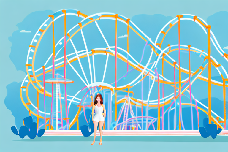 A person wearing a romper and standing in front of a roller coaster at an amusement park