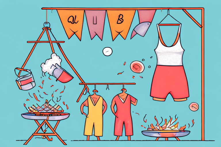 A summer barbecue with a colorful romper hanging on a clothesline