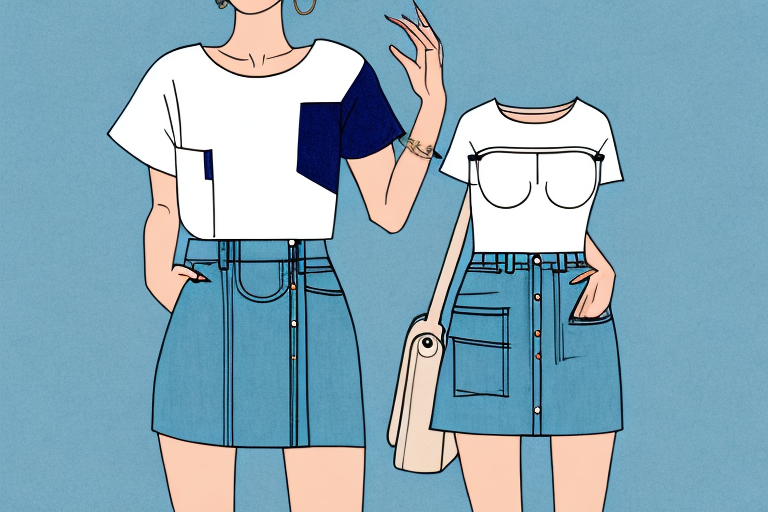 A casual summer outfit featuring a denim skirt