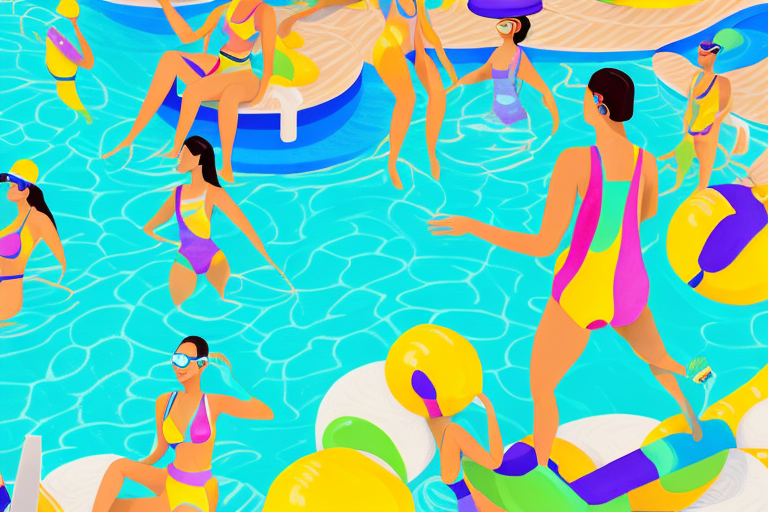 A colorful summer pool party with a jumpsuit-clad figure in the foreground