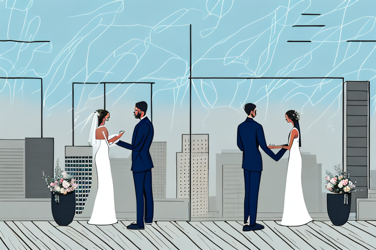 A rooftop wedding venue with a woman wearing a jumpsuit