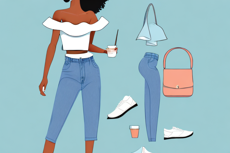 A summer casual outfit featuring an off-the-shoulder top