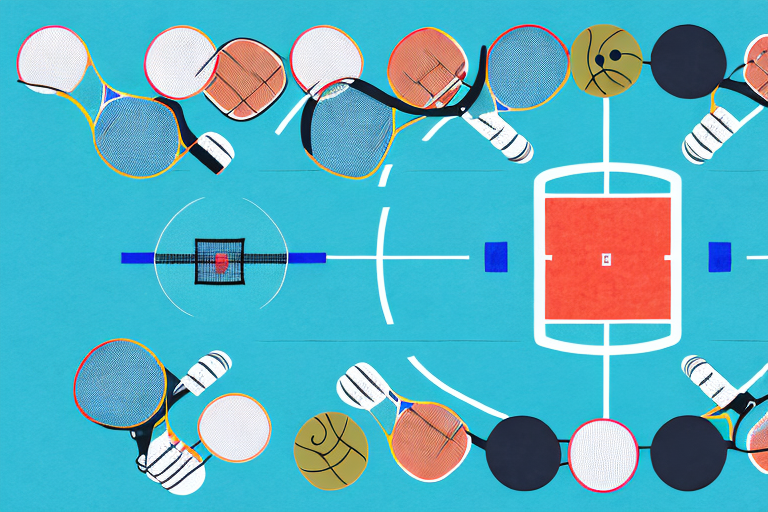 A pickleball court with different clothing items scattered around it to represent different weather conditions