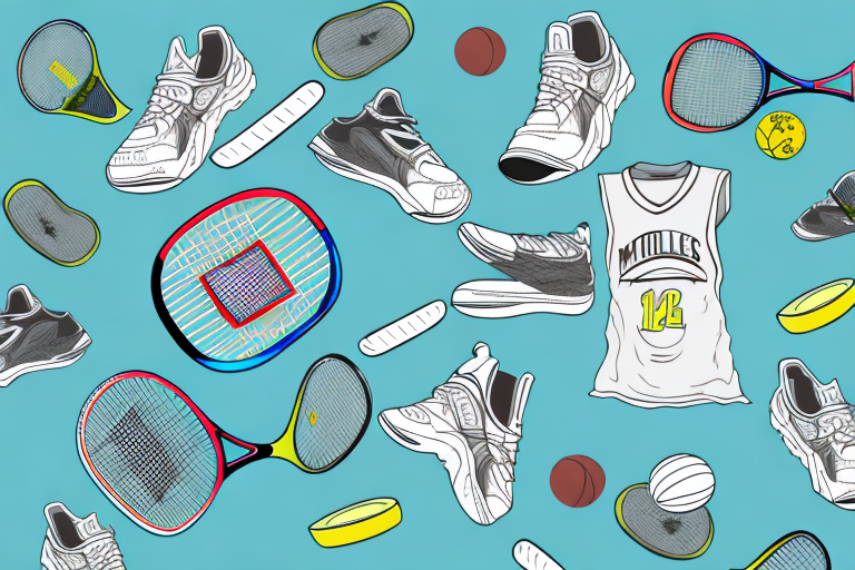 A pickleball court with a variety of clothing items scattered around it