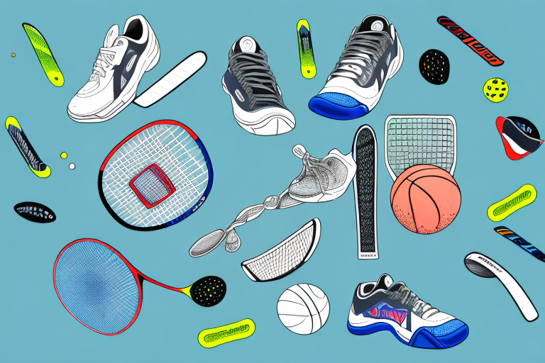 A pickleball court with a variety of athletic clothing items scattered around it