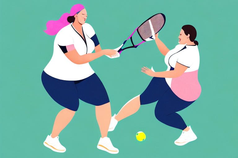 A plus-size woman playing pickleball in a stylish outfit