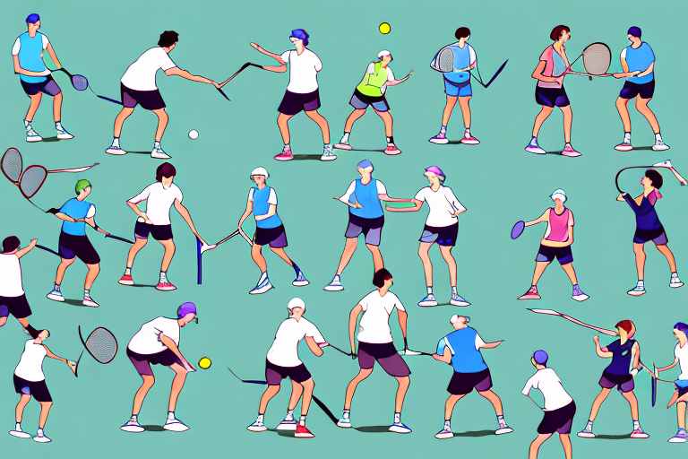A pickleball court with a variety of people wearing different types of shorts and skirts