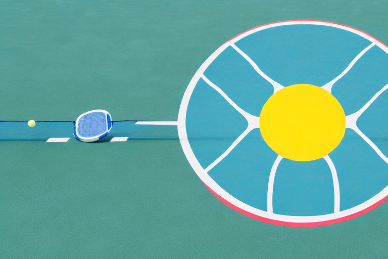 A pickleball court with a sun in the background