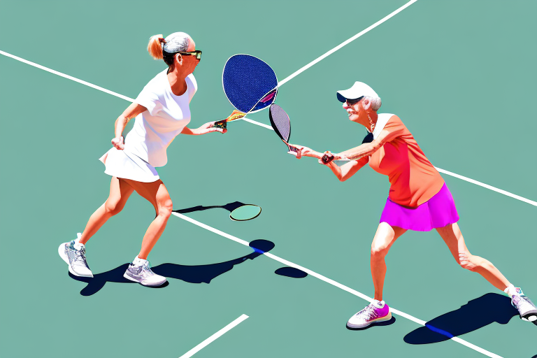 A pickleball court with a woman in a colorful