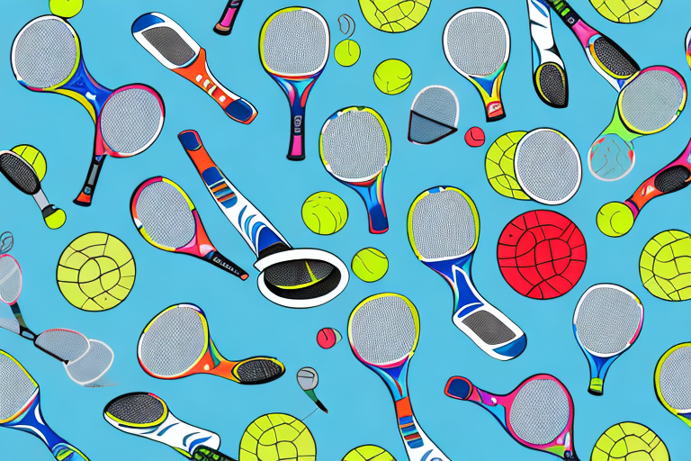 A pickleball court with a variety of colorful pickleball outfits hung up on the side