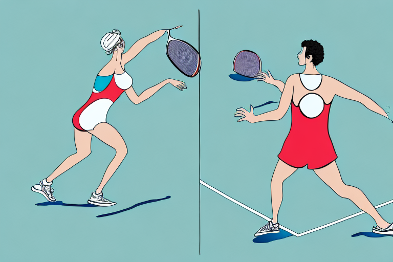A one-piece swimsuit and a pickleball court
