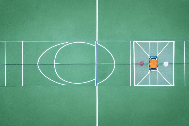 A pickleball court with a running shirt hanging on a nearby fence