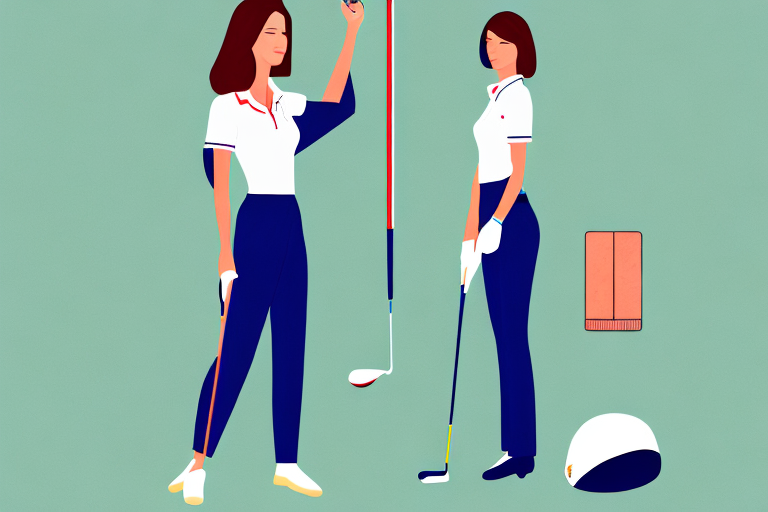 A woman standing in front of a variety of golf clothing items