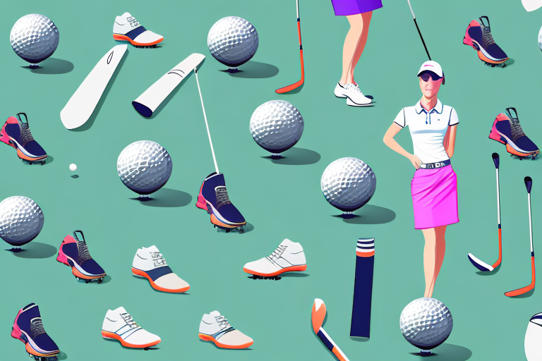 A golf course with a variety of clothing items in popular colors for women's golf