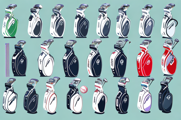 A golf bag with a variety of women's golf clothes in different sizes