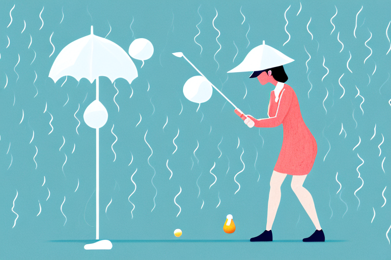 A woman golfing in a variety of weather conditions