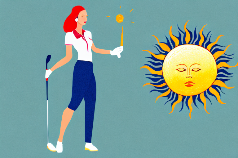A woman wearing golf clothes with a sun in the background