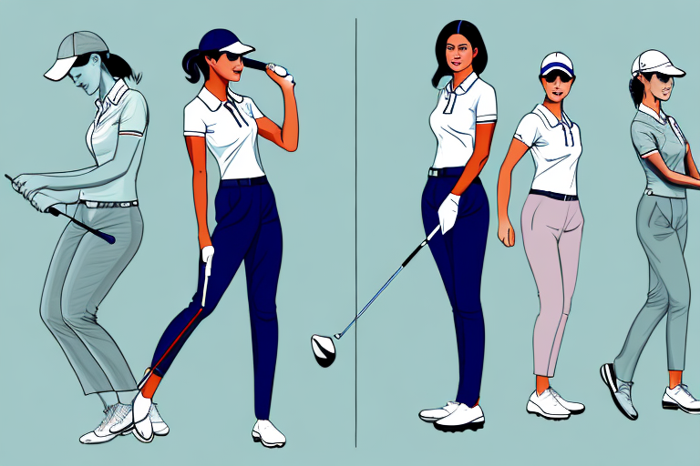 A woman wearing different types of golf clothes