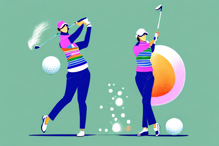 A woman golfing in a colorful