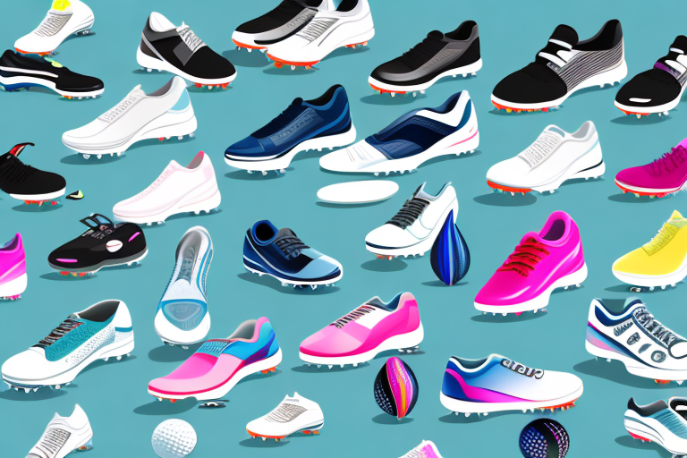 A variety of women's golf shoes in a range of colors and styles