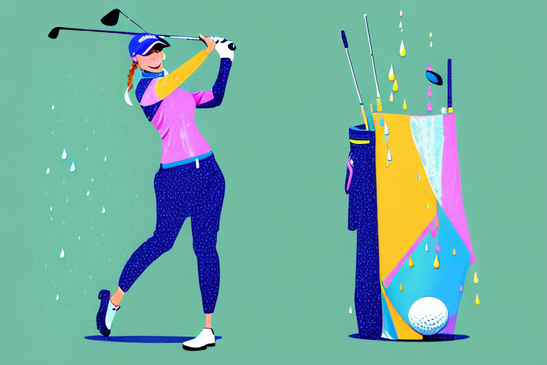 A woman golfer wearing a range of colorful golf rain gear