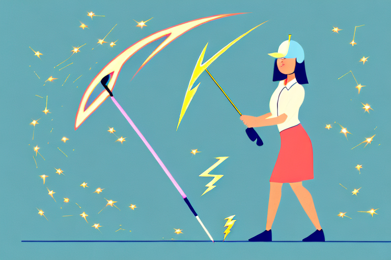 A woman in golf attire with a lightning bolt or sparkles around her to indicate the anti-static properties