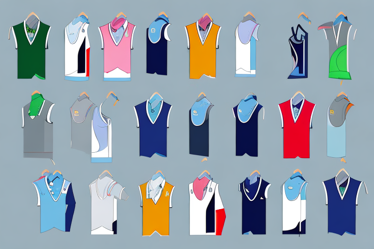 A selection of colorful golf vests hanging on a rack
