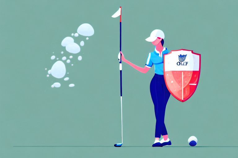 A woman wearing golf clothes with a shield or barrier around her