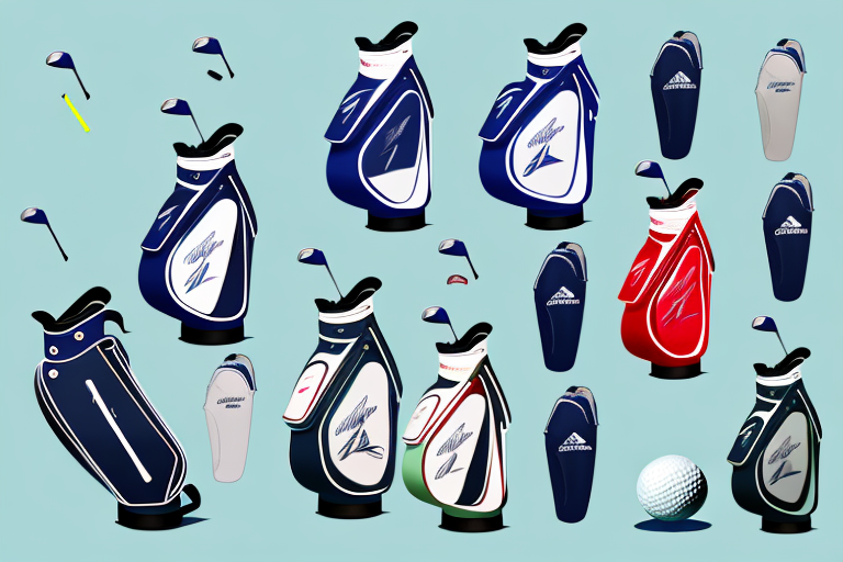 A golf bag with a selection of golf clothing items hanging from it