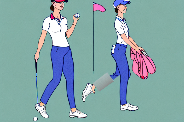 A woman wearing golf clothes with a fabric swatch showing the anti-pilling properties