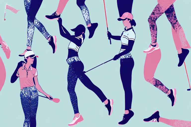 A variety of women's golf leggings in different colors and styles