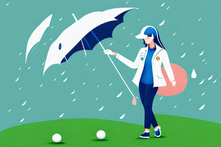 A woman wearing a golf rain jacket in a golfing setting