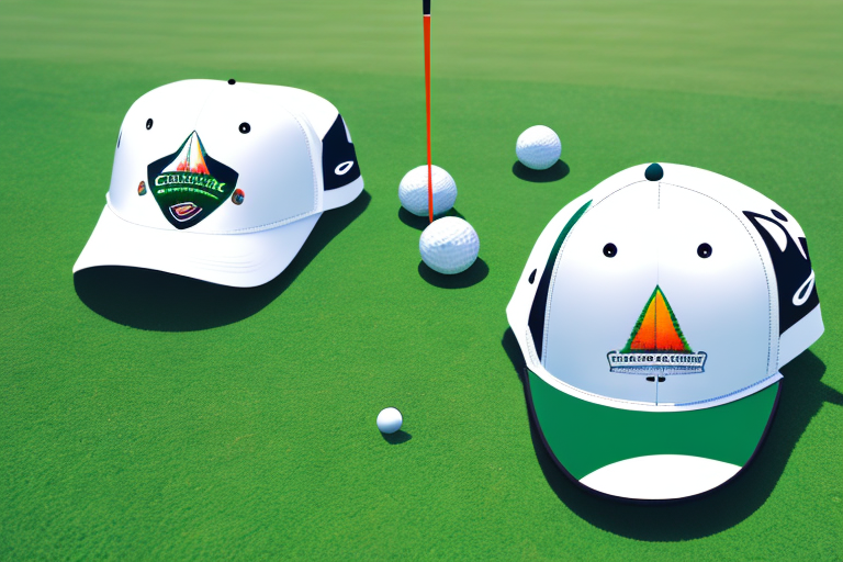 A golf course with two different golf hats and visors