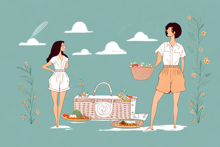 A picnic scene with a person wearing a romper