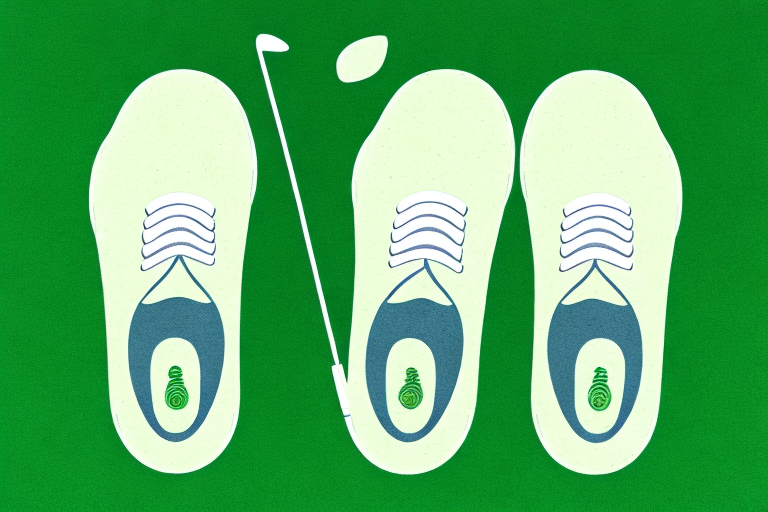 A pair of women's golf shoes with a grassy background