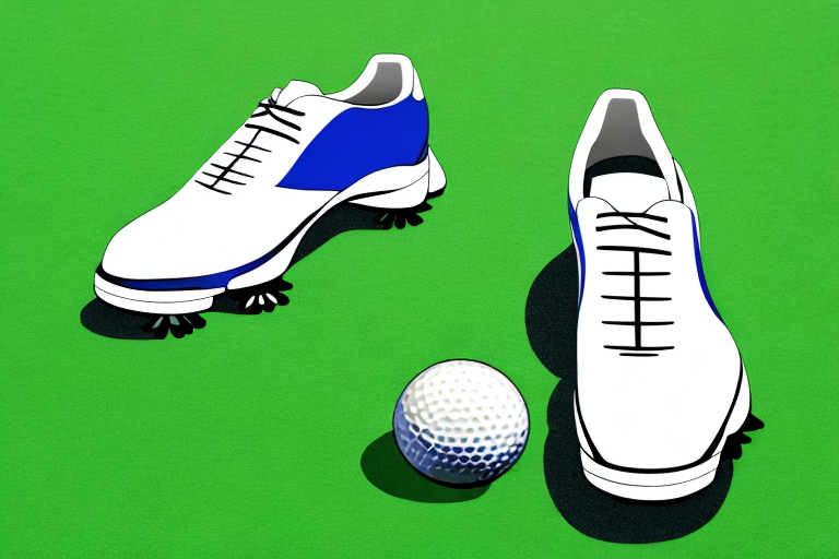 A pair of golf shoes with a grassy golf course in the background