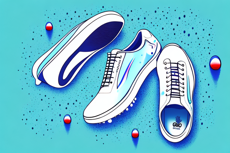 A pair of golf shoes with water droplets on them