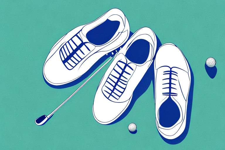 A pair of golf shoes with a foot in the background