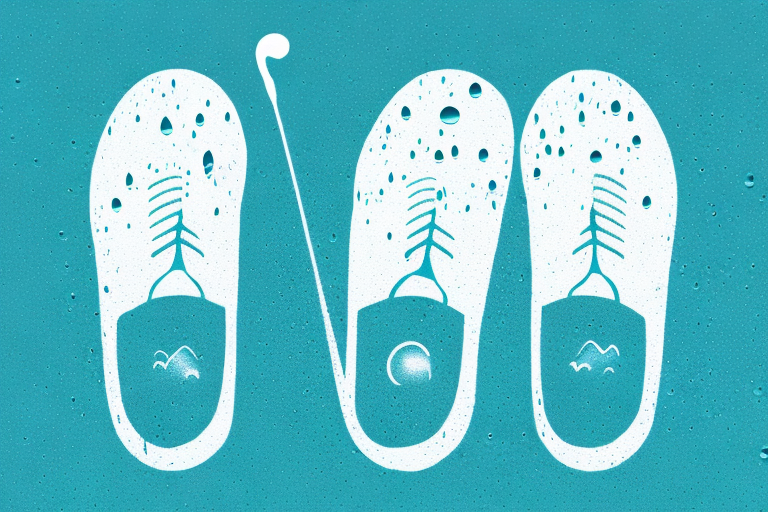 A pair of golf shoes with a raindrop symbol