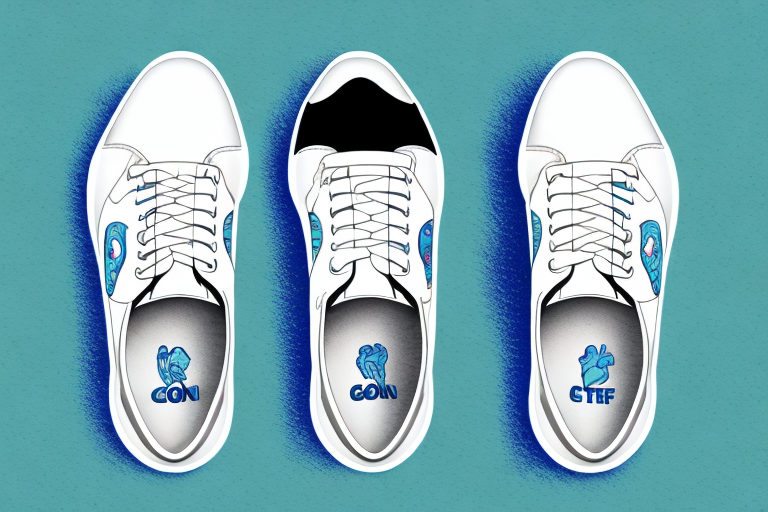 A pair of women's golf shoes with a prominent heel counter