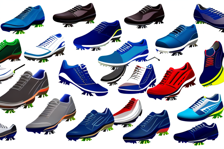 A variety of golf shoes in different sizes and colors