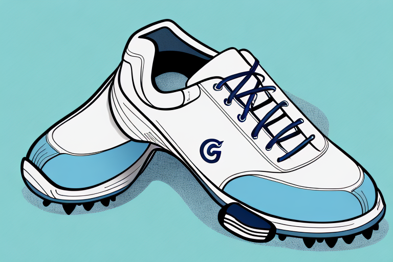 A pair of golf shoes with a side view