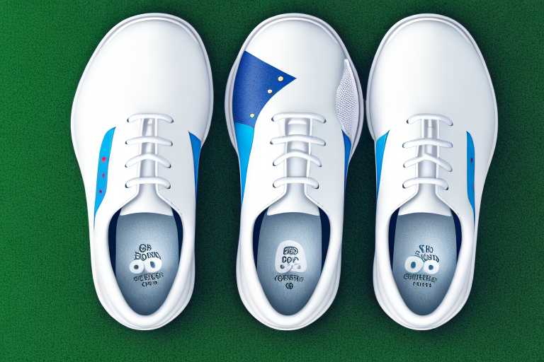 A pair of golf shoes with a close-up of the sole