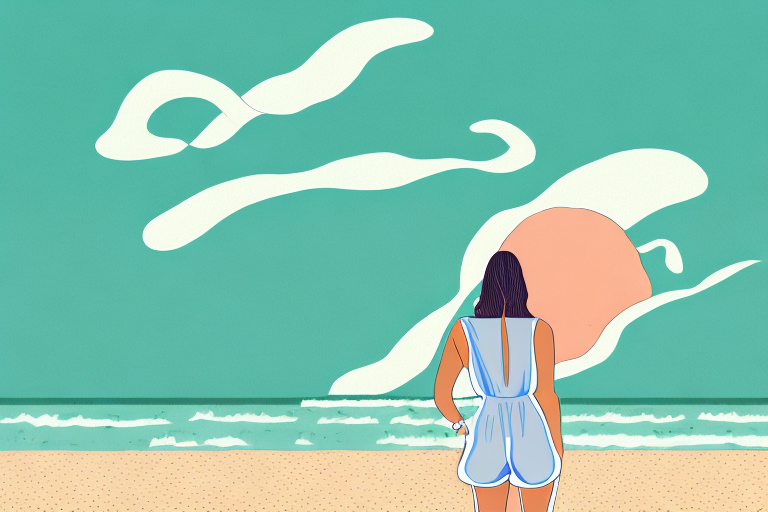 A beach scene with a person wearing a romper