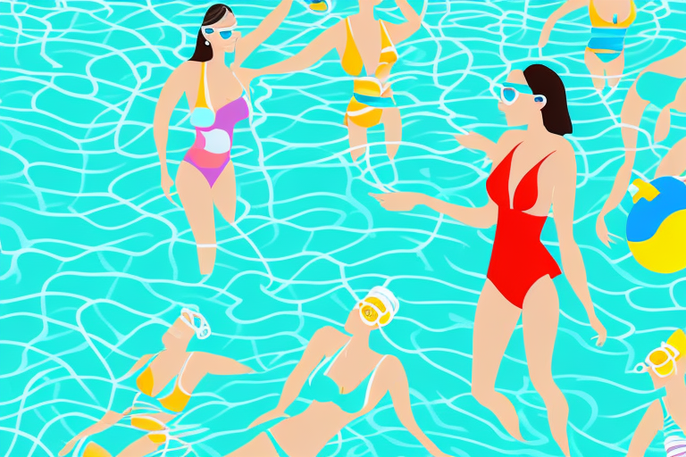 A summer pool party with a woman wearing a romper