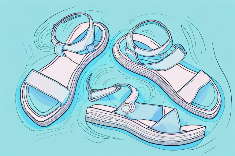 A pair of platform sandals against a summery background